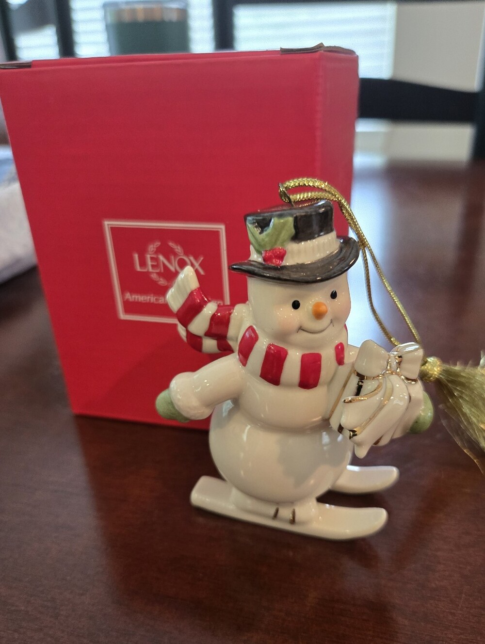 Lenox White Snowman Skier Ornament with Red Accents